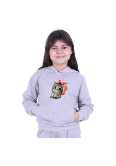 Fyk Kids Kapüşonlu Kedi Baskılı Sweatshirt Gri