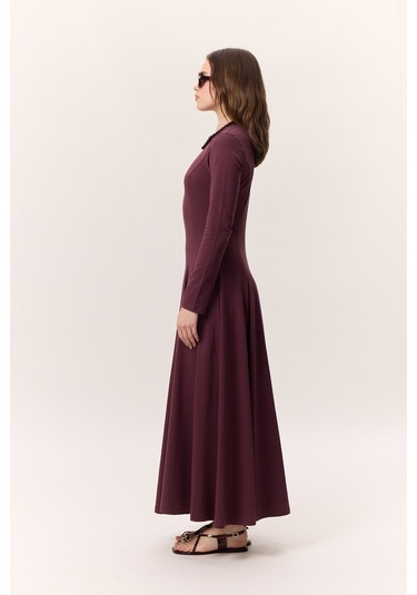 Kuplu Uzun Kollu Elbise Bordo Bordo