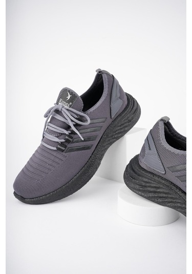 Muggo Montag Garantili Günlük Ortopedik Kaymaz Taban Bağcıklı Çizgili Erkek Sneaker Spor Ayakkabı Füme