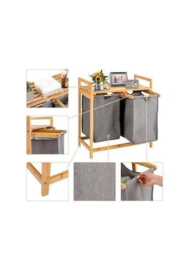 Bambu Ayaklı Çamaşır Sepeti 2 Bölmeli 64 X 33 X 73 Cm - Demonte Bambu
