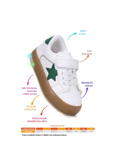 Kiko Kids Rena Günlük Cırtlı Işıklı Kız Bebek Spor Ayakkabı Beyaz - Yeşil Beyaz - Yeşil