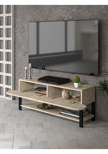Tv Sehpası Tv Ünitesi Kapaklı Raflı Setro Traverten Ekru