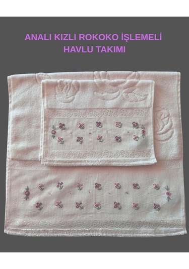Analı Kızlı Rokoko İşlemeli Havlu Takımı Beyaz / Renkli