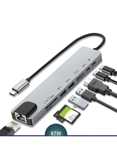 Usb C Hub 8 In 1 Tip C 3.1 Ila 4k Hdmı Adaptörü İle Rj45 Sd/tf Ka