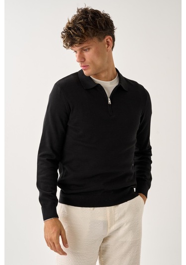 Fermuarlı Polo Yaka Kazak Siyah