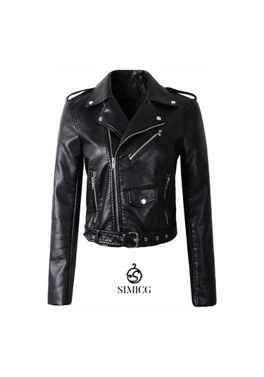 Kadınlar İçin Eğik Fermuarlı Günlük Kısa Deri Ceket Siyah