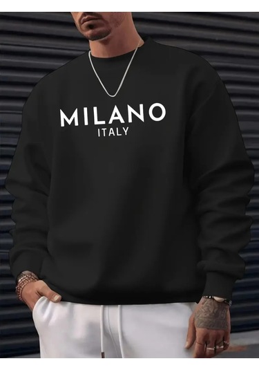 Erkek Uzun Kollu Bisiklet Yaka Milano Yazılı Iki Iplik Bluz Siyah