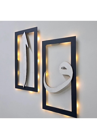 Led Işıklı Elif Ve Vav Tablo - 40x20cm Gümüş