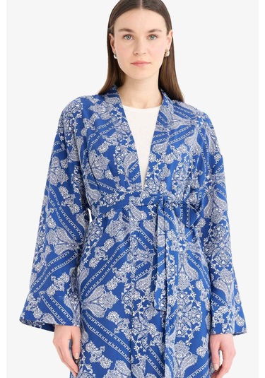 Defacto Relax Fit Bisiklet Yaka Desenli Viskon Kimono E7262ax25smbe399 Mavi