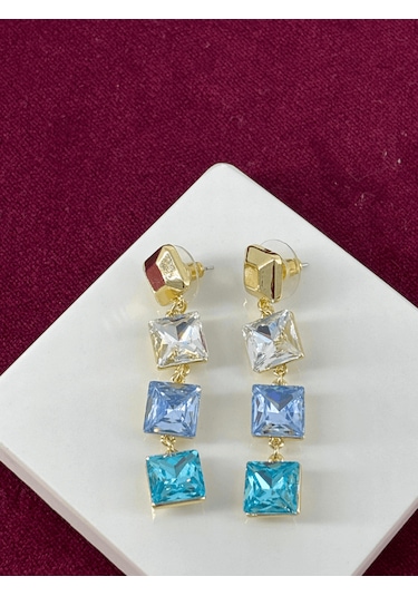 Mavi Tonlarında Üç Kare Şekilli Sallantılı Gold Küpe Gold