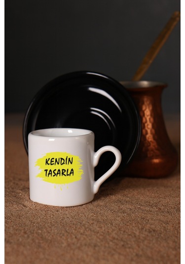 Kendin Tasarla Bardak - Kişiye Özel Bardak Satıya Sor 2 Türk Kahvesi Fincanı Siyah Altlıklı