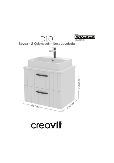 D10 Next Lavabo Dolabı İki Çekmeceli 65 Cm Beyaz Lake Kapak Beyaz