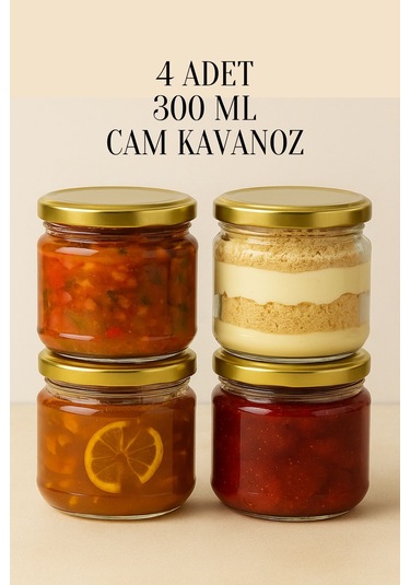 Rotanev Metal Gold Altın Konserve Kapaklı Magnolya ve Gıda Saklama 300 cc Şeffaf Cam Kavanoz  4 Adet 300 ml