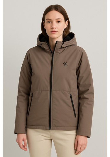 Kadın Kapüşonlu Şardonlu Paraşüt Mont Su Geçirmez Fermuarlı Dış Giyim 1019 V Vizon