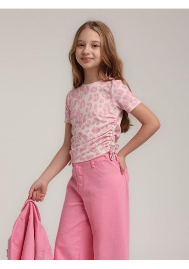 Kız Çocuk Kaşkorse Yanları Büzgülü Pempe Leoparlı Bluz-15664 Pembe