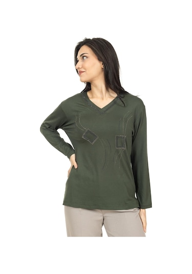 Kadın Orta Yaş Ve Üzeri Yeni Model V Yaka Taş İşlemeli Anne Penye Bluz 30560-haki Yeşili Haki Yeşili