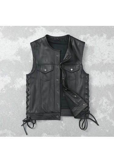 Yanları Deri Ip Bağlamalı Biker Yelek Hakiki Deri