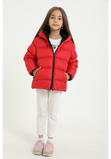 Kız Çocuk Kırmızı İçi Polarlı Kapüşonlu Su Geçirmez Rüzgara Dayanıklı Cepli Şişme Kışlık Mont Kırmızı
