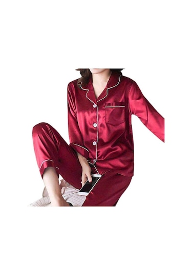 Şarap Kırmızısı 2 Adet/takım Büyük Kadın Gecelik Yatak Açma Yaka Pürüzsüz Nefes Tek Göğüslü Uzun Kollu Pijama Takım Elbise Yetişkin İçin 3xl Şarap Kırmızısı Bordo