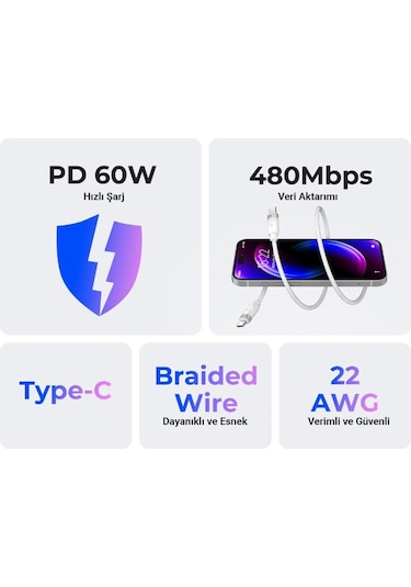 Orico CDX-60CC-WH-BP 60W PD Type-C To Type-C Hızlı Şarj Ve Data Kablosu 1 M Beyaz
