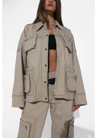 By Dyln Bone Renkli Oversized Mallory Ceket - Fermuarlı Ve Cepli Tasarım Bej