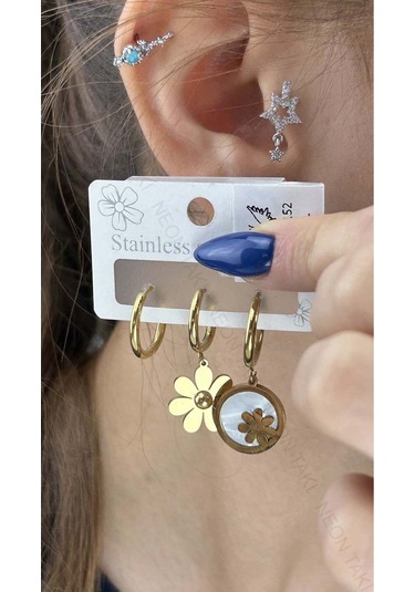 Çoklu Küpe, Halka, Çiçek Ve Sallantılı, Paslanmaz Çelik Küpe 152, Altın Küpe Altın