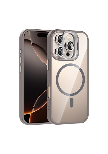Mobilefix Iphone Uyumlu 16 Pro Max Kılıf Standlı Ve Kamera Lens Hediyeli M-safe Şarj Özellikli Kisamarka Gri