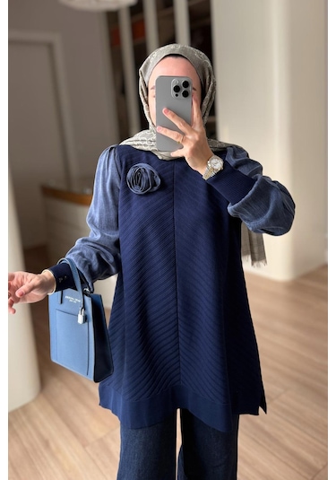 Kahijab Gül Detay Merserize Tunik - Lacivert