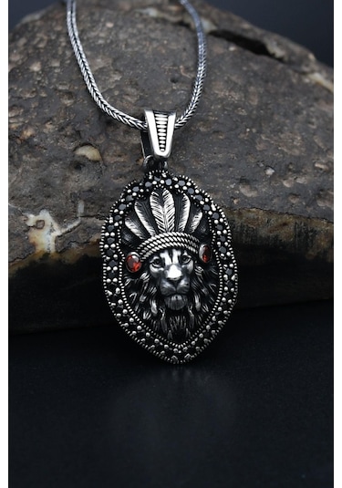 Kızılderili Aslan Figürlü 925 Ayar Erkek Gümüş Kolye Zincir 901306 Gümüş