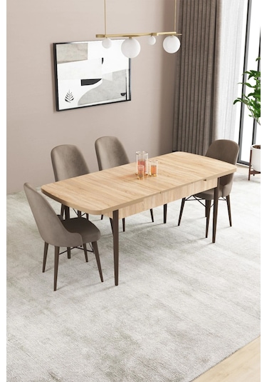 Sar Pakete Almira Serisi, Meşe Desen 80x132 Açılabilir Mdf Mutfak Masası Takımı 4 Adet Sandalye Cappucino