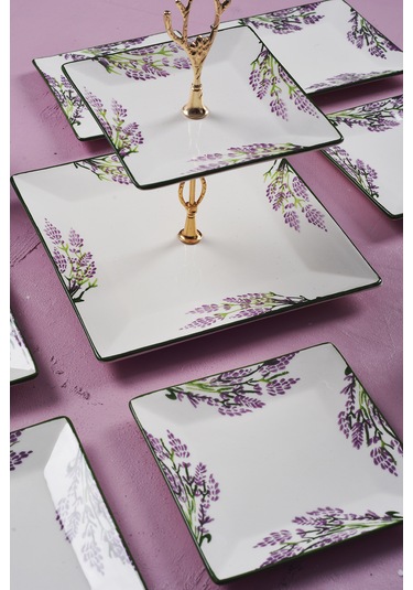 Piatti Naturali İkram Seti Lavanta Çift Katlı Sunum Tabağı & 6 Lı Tatlı Tabağı