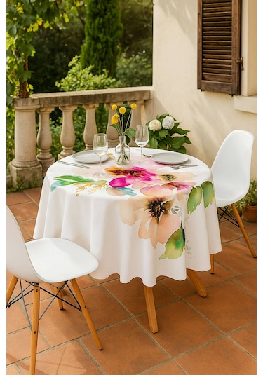 Yuvarlak Pastel Çiçek Desenli Duck Kumaş Masa Örtüsü 150x150 Cm Çok Renkli