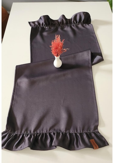 Cemre Saten 2-kenar Fırfırlı Vintage Runner Örtü Antrasit 40x110