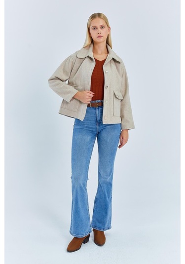 4410 Kadın Balık Sırtı Kısa Kaban Bej Bej