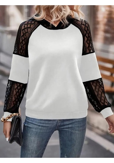 Kadın Uzun Kollu Dantelli Kapşonlu Viskon Iki Iplik Bluz Beyaz