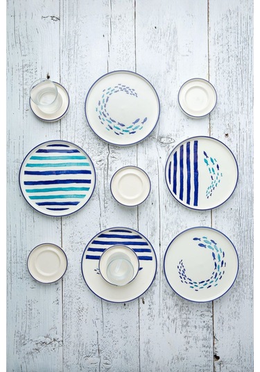 Kevin Seramik 18 Parça Marin Balıklı Stackable Kahvaltı Takımı Beyaz - Mavi