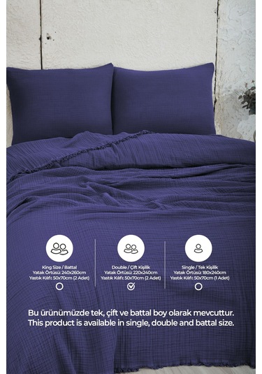 %100 Pamuk Çift Kişilik Müslin Yatak Örtüsü 4 Katlı Yumuşak Battaniye Müslin Pike Takımı 3 Parça Lacivert Lacivert