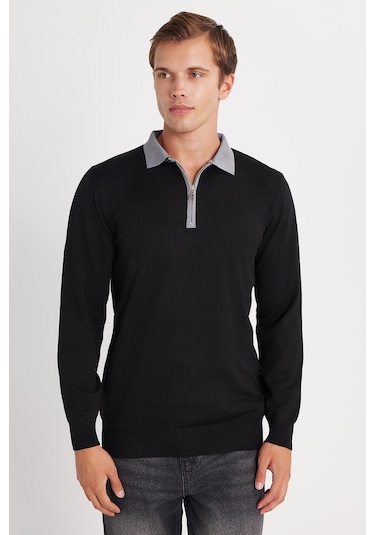Erkek Standart Fit Uzun Kol Yarım Fermuarlı Polo Yaka Siyah Kazak-35798 Siyah