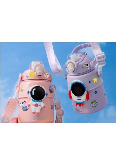 Maoyaya 850ml Astronot Karikatür Paslanmaz Çelik Taşınabilir Kayışlı Çocuk Su Şişesi Izoleli Sumor Mor Mor