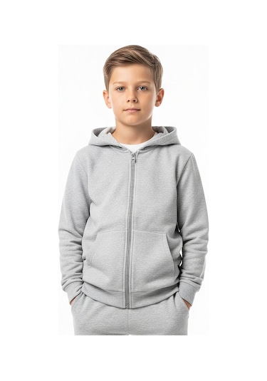 Fermuarlı Kanguru Cepli Kapüşonlu Düz Baskısız Erkek Çocuk Eşofman Takımı Gri