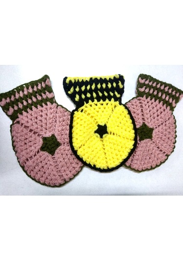 Yeşil Pembe Sarı Siyah Üçlü Lif Takımı El İşi Örme