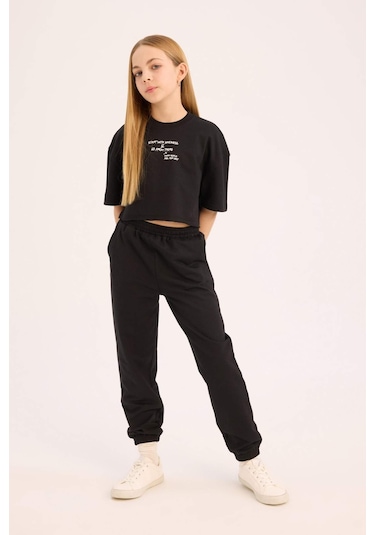 DeFacto Kız Çocuk 2'li Takım Bisiklet Yaka Baskılı Kısa Kollu Tişört Beli Paçası Lastikli Eşofman Altı Z8983A625SMBK81 Siyah
