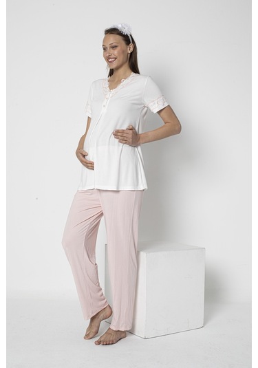 Lohusa Hamile Dantel Detaylı Kısa Kol Pijama Takımı Emzirme Hastane Çıkışı Flz 24-72
