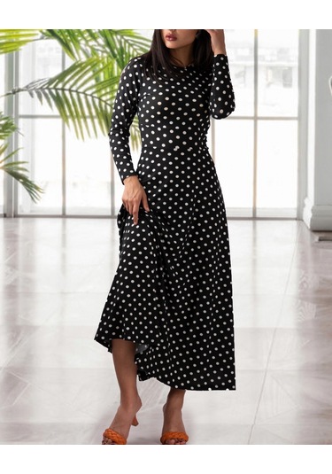 Kadın Krep Kumaş Uzun Kollu Tam Boy Puantiyeli Elbise 132 Cm Siyah