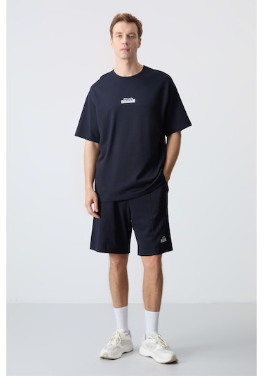 Lacivert Pamuklu Kalın Yumuşak Dokulu Oversize Fit Basic Erkek Şort Takım - 85259