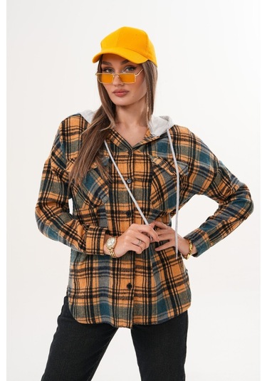 Kadın Desenli Renkli Oduncu Oversize Bol Ve Geniş Kalıp Casual Çift Kapüşonlu Ceket Gömlek Kahverengi - Mavi