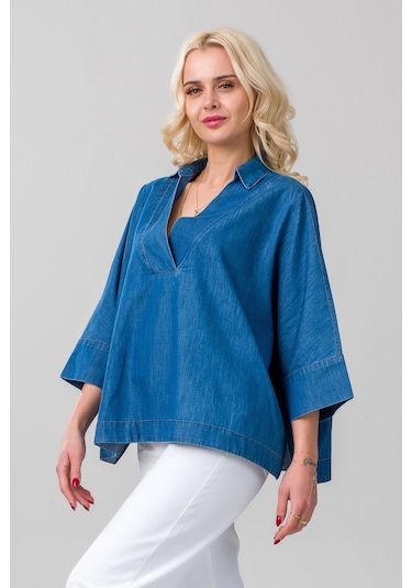Kadın Gömlek Yakalı Yaka İndigo Mavi Kol Ucu Manşetli İnce Kot Kumaş Bluz İndigo