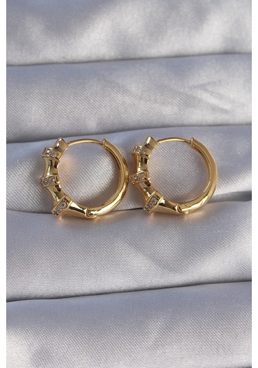 Ezoconcept Pirinç Gold Renk Kabartmalı Zirkon Taşlı Oval Model Küpe Çok Renkli