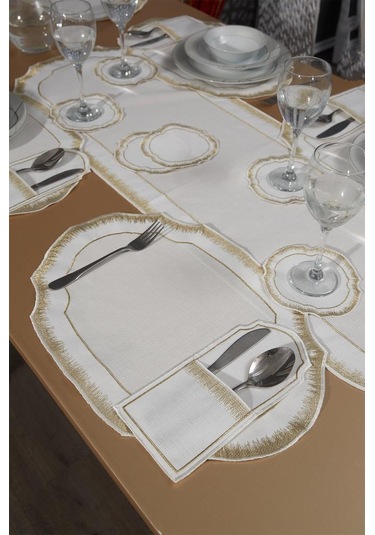 Aslı Keten Nakışlı Amerikan Servis Takımı 19 Parça Gold Gold