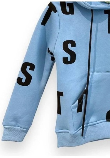 Çocuk Harf Baskılı Şardonlu Kapuşonlu Sweatshirt-15195 Mavi